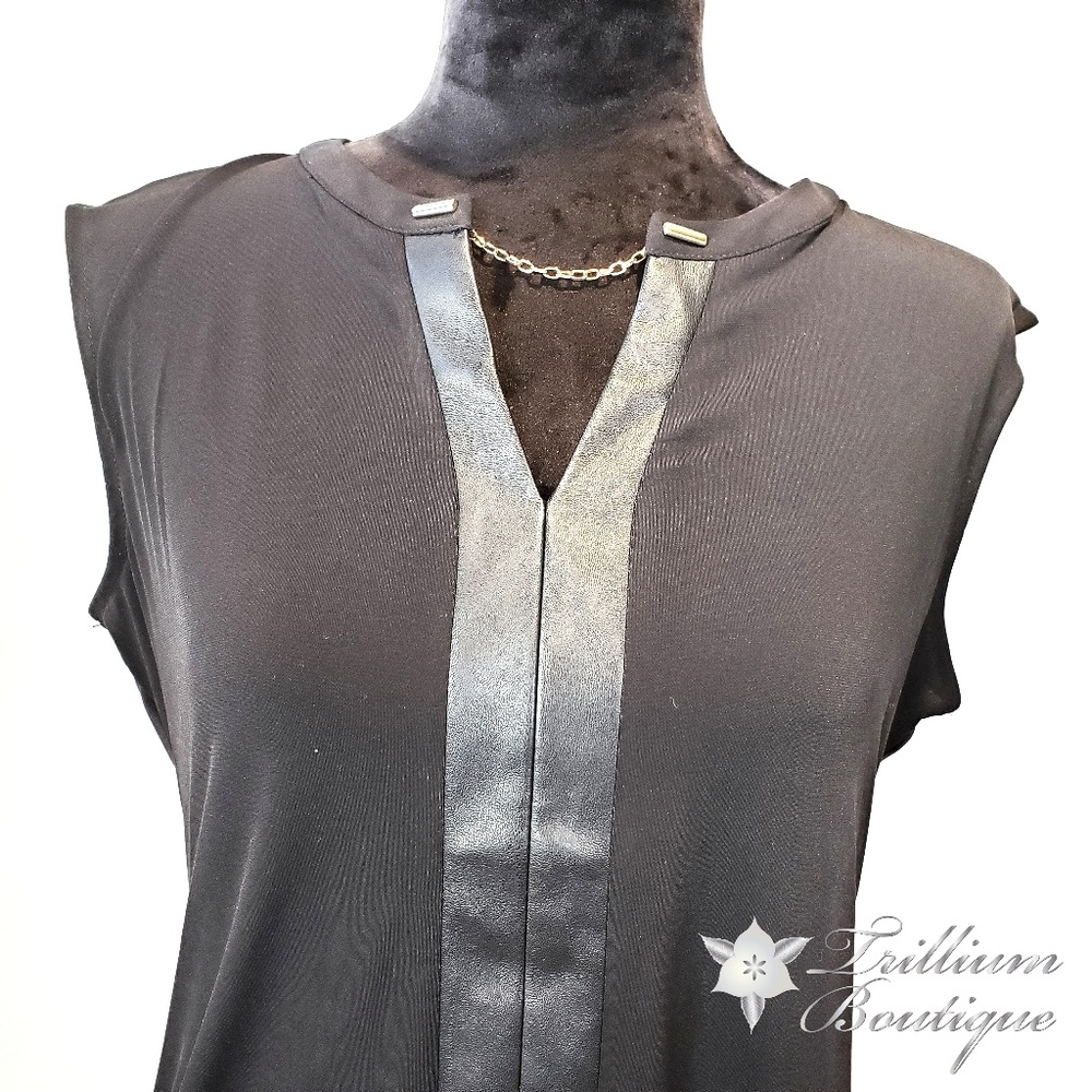 Calvin Klein Faux Leather Strip Keyhole Blouse - Picture 3 of 8